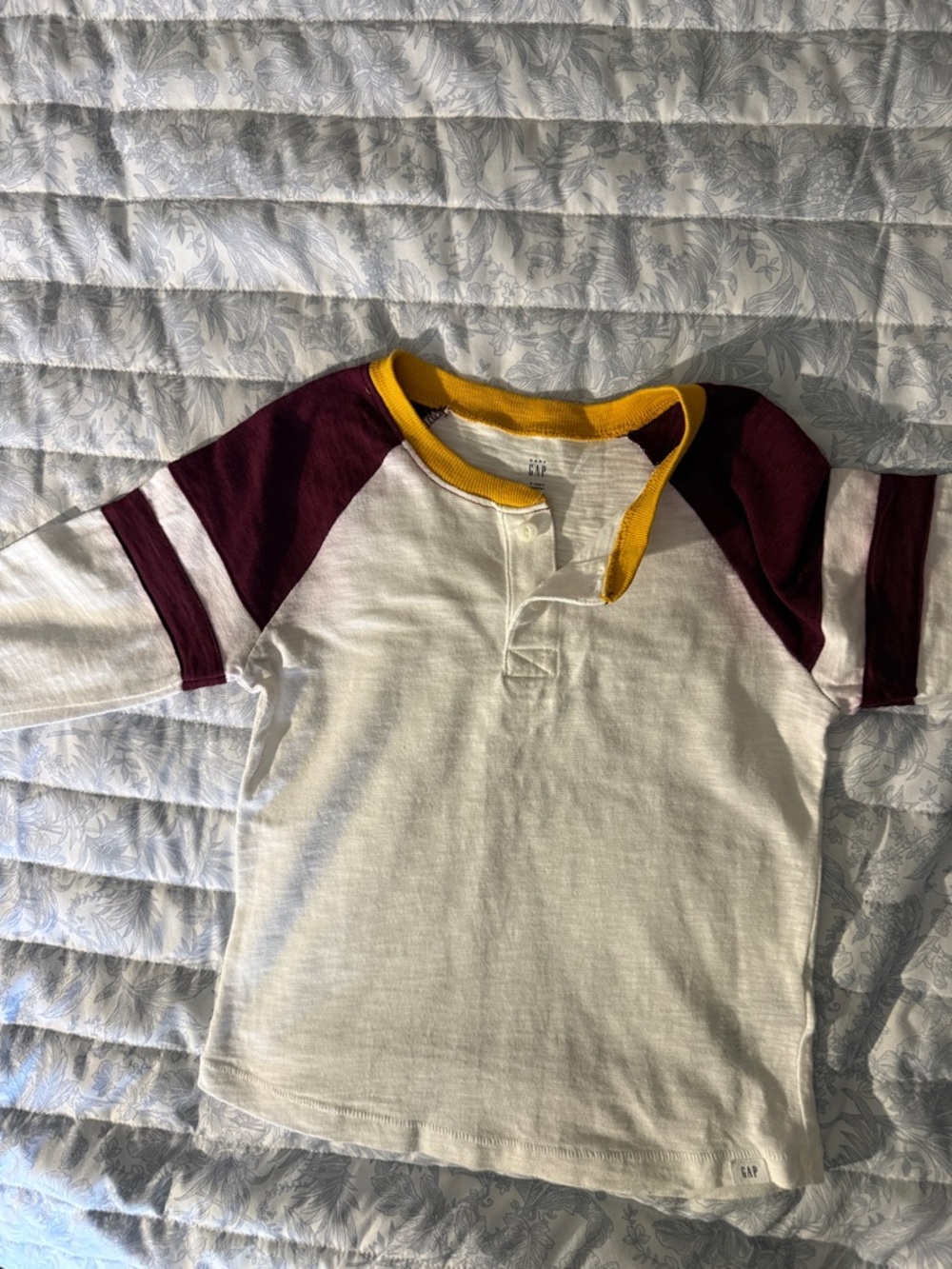 GAP White Tee with Maroon Raglan Sleeves and Yellow Neck Trim